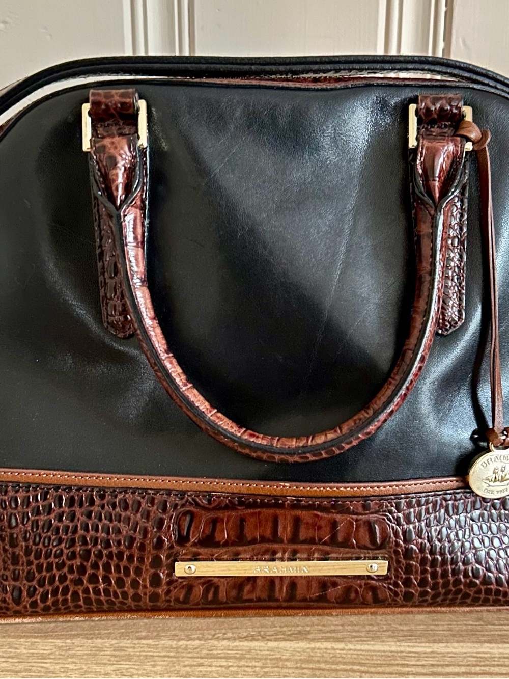 Brahmin Black and Brown Leather Satchel Handbag